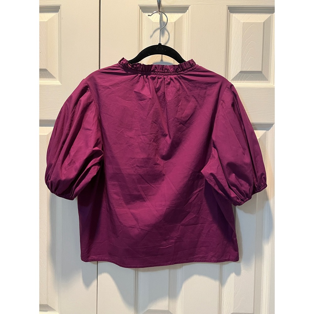PINCH Puff Sleeve Blouse Womens Medium Purple Ruffle V-Neck Cotton Poplin Top - Picture 5 of 8